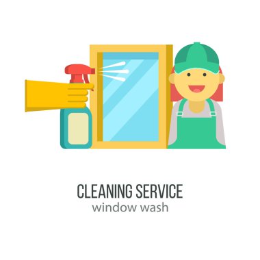 Temizlik hizmeti. Tulum hizmetçi. Bir elinde bir lastik eldiven pencerede amaçlayan bir püskürtme tutar. Vektör simgeler.