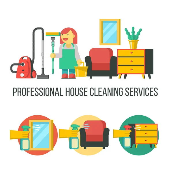 Cleaning Service Professional Cleaning Lady Bucket Mop Vacuum Cleaner Set — Stock Vector