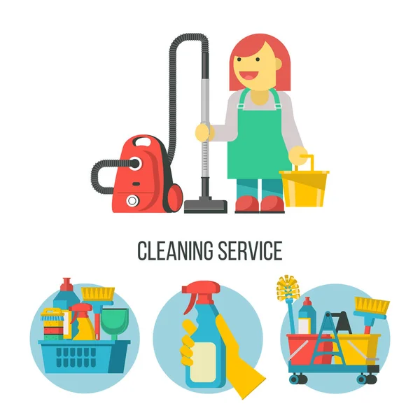 Serviço Limpeza Conjunto Ícones Vetoriais Profissional Limpeza Senhora Com Balde — Vetor de Stock