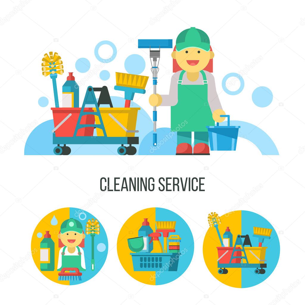 Cleaning service. Set of vector icons. Professional cleaning lady with bucket and MOP.