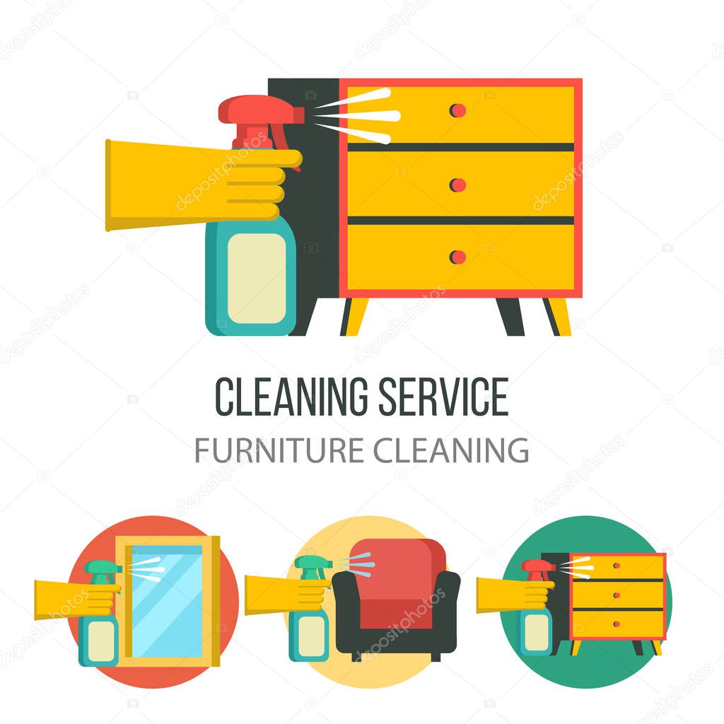 Cleaning service. A hand in a rubber glove holds a sprayer aimed at the dresser. Set of vector icons. Cleaning the furniture. Washing of glasses and mirrors.