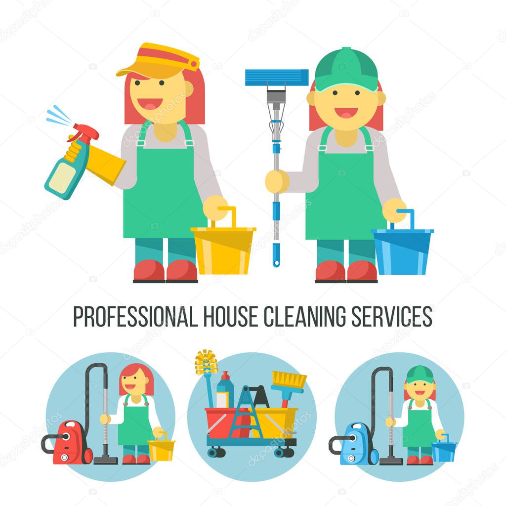 Cleaning service. Vector illustration. Two professional cleaners in overalls. With a bucket, MOP and spray bottle in hand. Cleaning icons set. The cleaning lady with the vacuum cleaner.