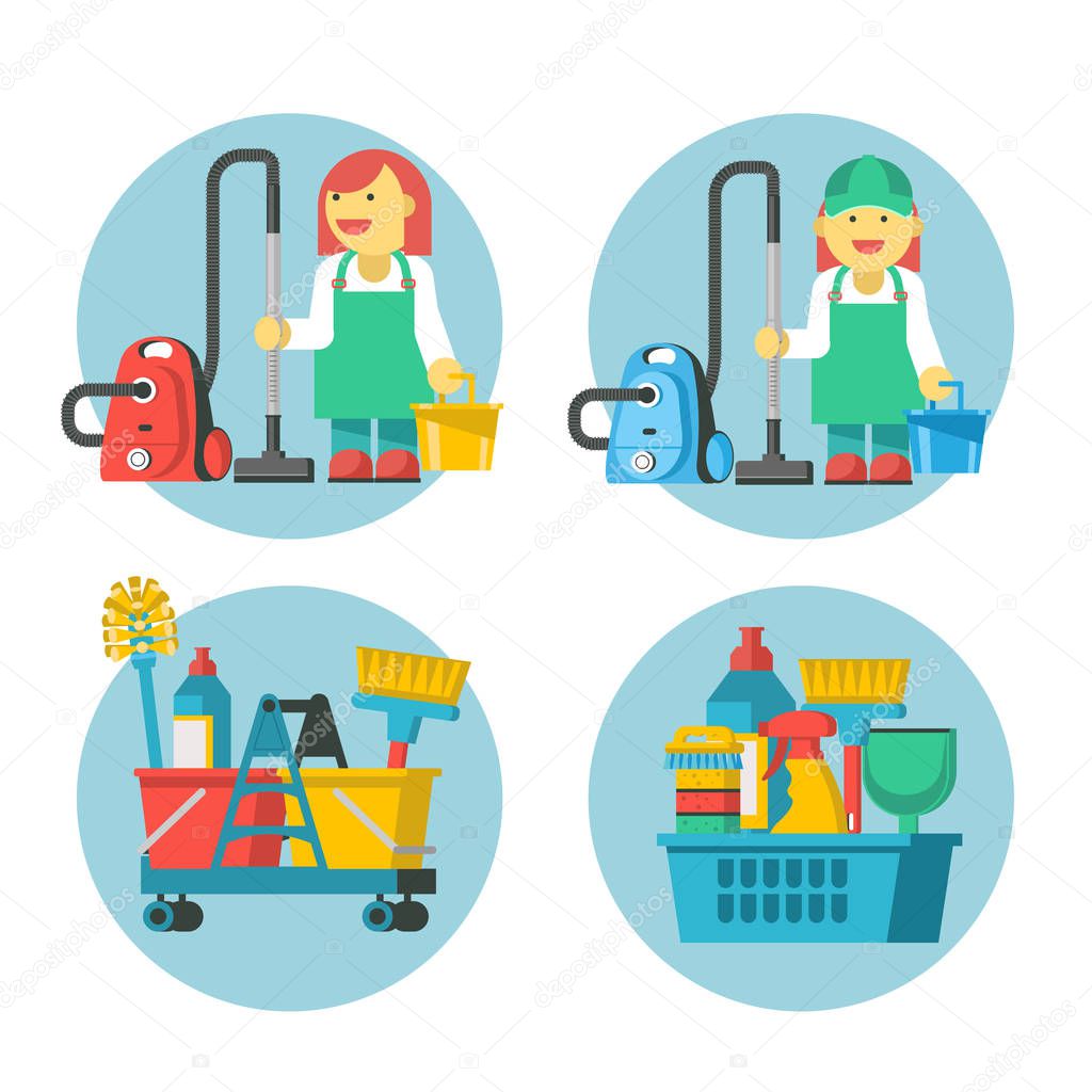 Cleaning service. Set of icons. Professional cleaning lady with a vacuum cleaner and bucket. Cleaning kit.