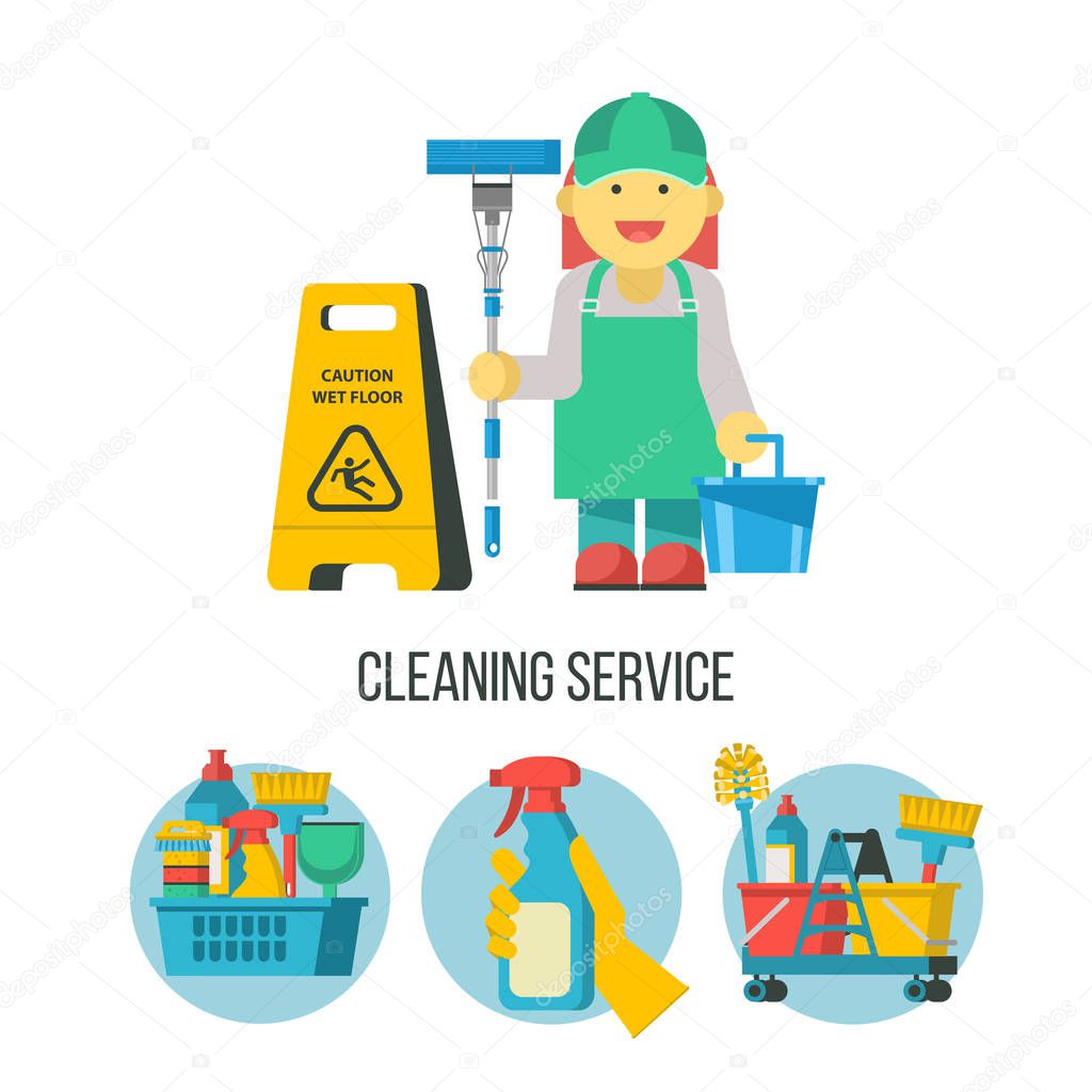 Cleaning service. Set of icons. Professional cleaning lady with MOP and bucket. Yellow wet floor sign. Cleaning kit.