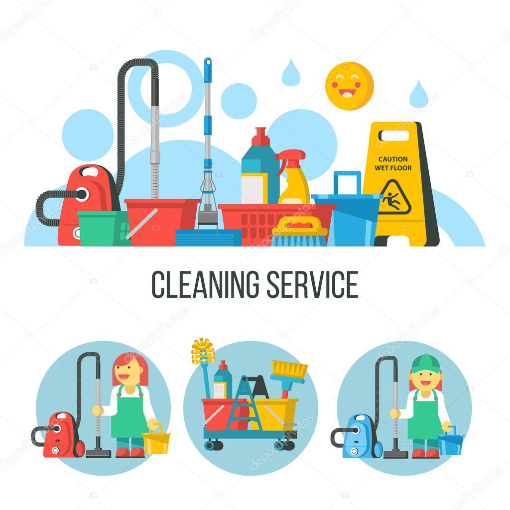 Cleaning service. Cleaning kit. Professional maid in overalls with a vacuum cleaner and a bucket. Yellow wet floor sign.