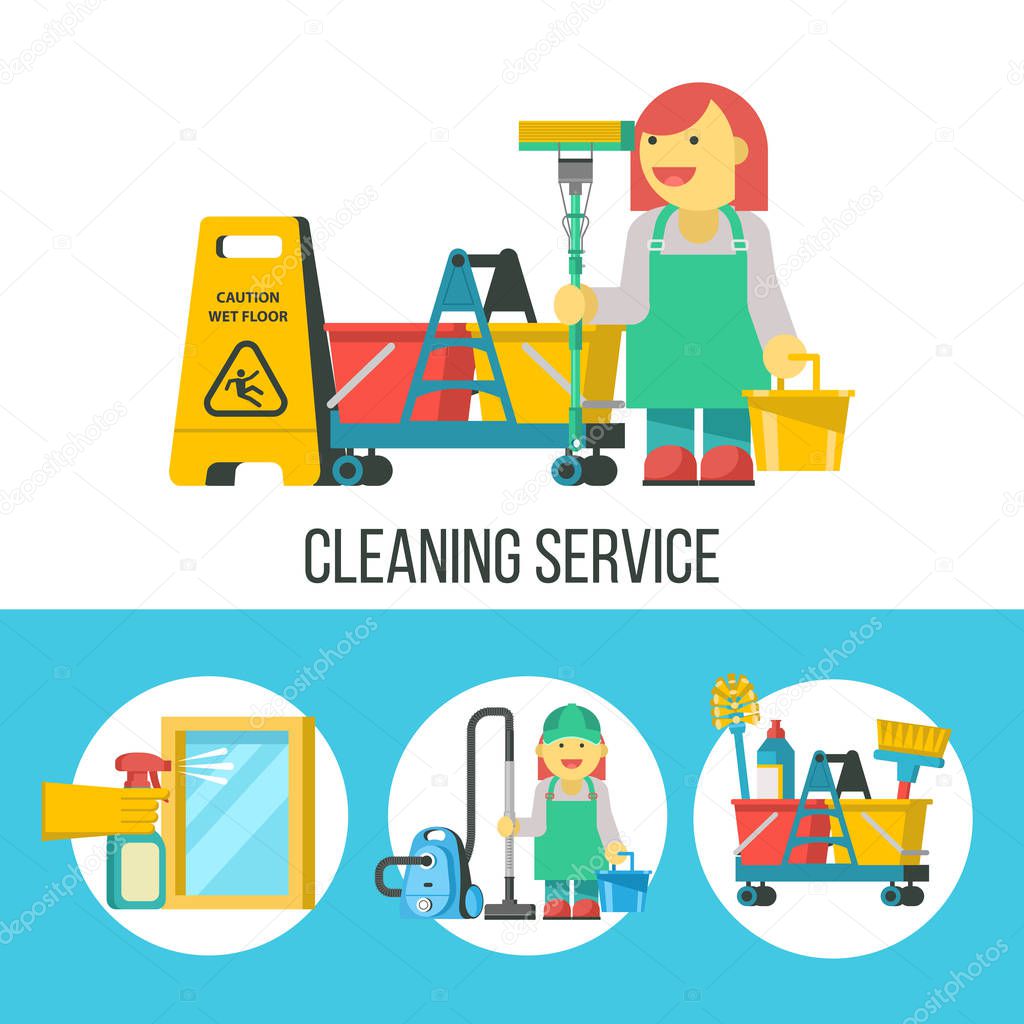 Cleaning service. Set of icons. Professional cleaning lady with MOP and bucket. Yellow wet floor sign. The cleaning lady with the vacuum cleaner. Cleaning kit. A hand in a rubber glove holds a sprayer aimed at the window.