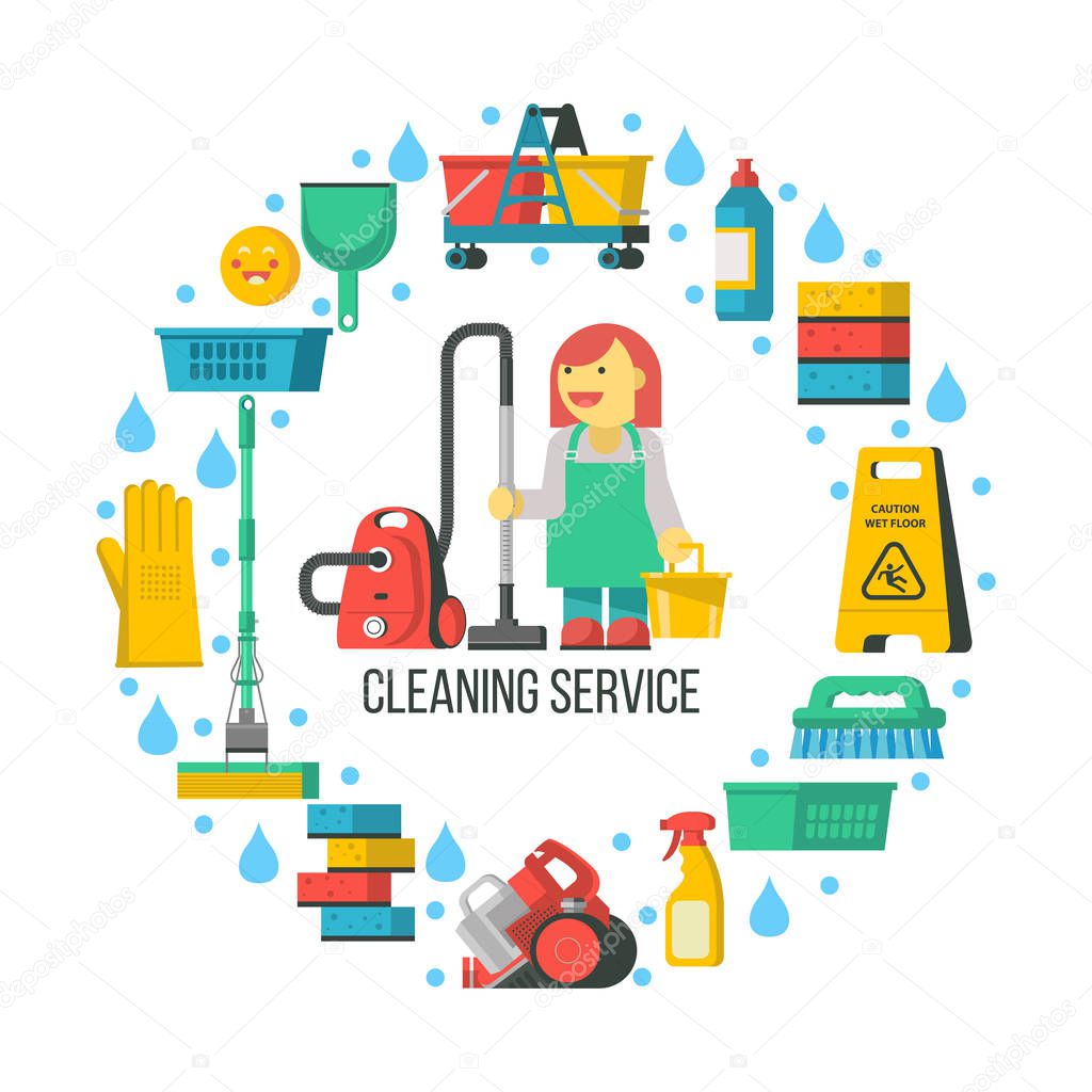 Cleaning service. Set of cleaning accessories icons arranged in a circle. In the center of the composition a professional maid in overalls with a vacuum cleaner and a bucket.