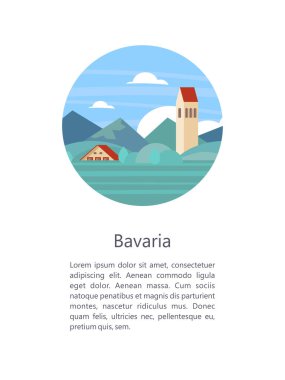 Bavyera, Almanya. Güzel manzaralar, Bavyera geleneksel mimarisi. Kaleler, köyleri, dağlar, alanları. Kartpostallar, logo, amblem için metin alanı ile.