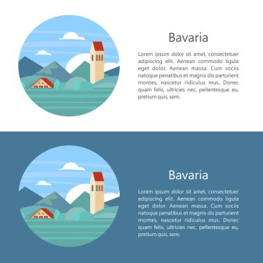 Bavyera, Almanya. Güzel manzaralar, Bavyera geleneksel mimarisi. Kaleler, köyleri, dağlar, alanları. Kartpostallar, logo, amblem için metin alanı ile.