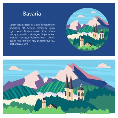 Bavyera, Almanya. Güzel manzaralar, Bavyera geleneksel mimarisi. Kaleler, köyleri, dağlar, alanları. Kartpostallar, logo, amblem için metin alanı ile.