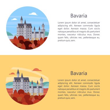 Bavyera, Almanya. Güzel manzaralar, Bavyera geleneksel mimarisi. Kaleler, köyleri, dağlar, alanları. Kartpostallar, logo, amblem için metin alanı ile.