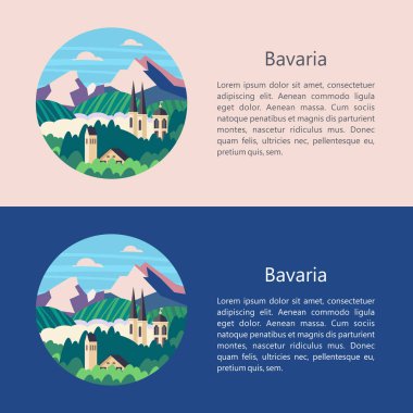 Bavyera, Almanya. Güzel manzaralar, Bavyera geleneksel mimarisi. Kaleler, köyleri, dağlar, alanları. Kartpostallar, logo, amblem için metin alanı ile.