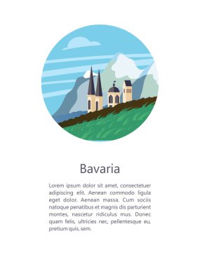 Bavyera, Almanya. Güzel manzaralar, Bavyera geleneksel mimarisi. Kaleler, köyleri, dağlar, alanları. Kartpostallar, logo, amblem için metin alanı ile.