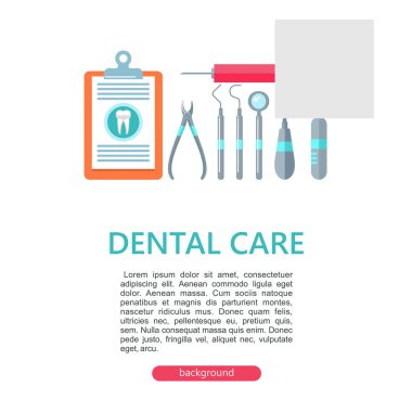 Diş Bakımı. Vektör çizim metin için yer ile. El ilanları ve broşürler diş kliniği tasarımı için. Diş malzemeleri, araçlar bir dizi.