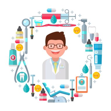 Diş Bakımı. Vektör kavramsal çizimi. Diş malzemeleri, bir daire içinde yönelik araçlar kümesi. Diş hekimi.