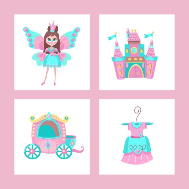 Küçük Prenses için oyuncaklar. Vektör cliparts kümesi. Kelebek kanatları olan güzel elbiseli güzel kız. Prenses elbise bir askı üzerinde. Taşıma ve Princess castle.