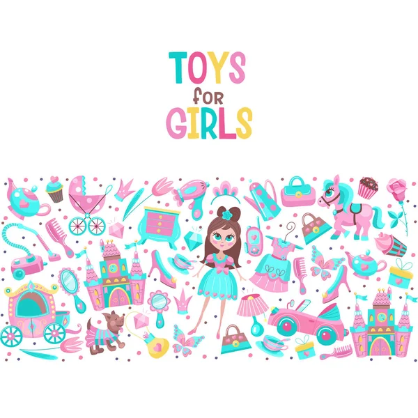 矢量插图 女孩的玩具和配件 粉红色的 一大组 Cliparts 可兑换 公主礼服 童话城堡 婴儿推车和更多的小公主 — 图库矢量图片