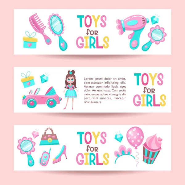 Conjunto Pancartas Juguetes Para Chicas Color Rosa Azul Set Cuidado — Vector de stock