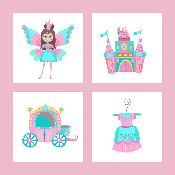小公主的玩具 Cliparts 的集合 美丽的女孩在美丽的礼服与蝴蝶翅膀 在衣架上的公主礼服 马车和公主城堡 — 图库矢量图片