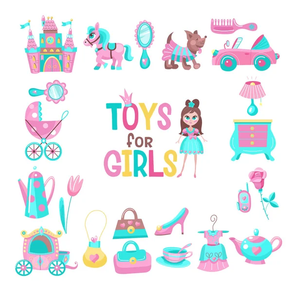 Speelgoed Voor Kleine Prinsessen Grote Reeks Van Vector Cliparts — Stockvector