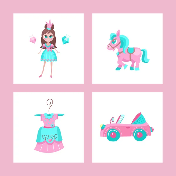 小公主的玩具 Cliparts 的集合 漂亮的穿着的女孩 粉红色的小马 粉红色敞篷车 公主礼服衣架上 — 图库矢量图片