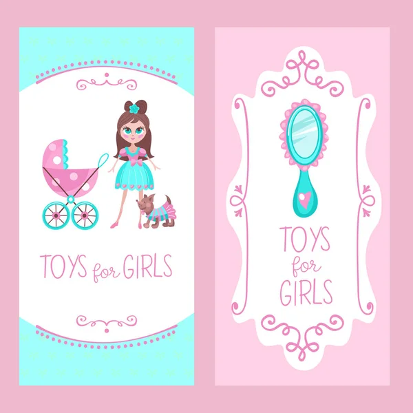 Juguetes Para Princesas Conjunto Cliparts Vectoriales Hermosa Chica Con Cochecito — Vector de stock