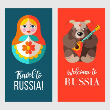 Rusya'ya seyahat. Rusya hoş geldiniz. Vektör çizim. Geleneksel Rus sembolleri. Vektör kartpostal, düz stil resimde. Rus Bebek matryoshka ve Rus ayısına balalayka ile.