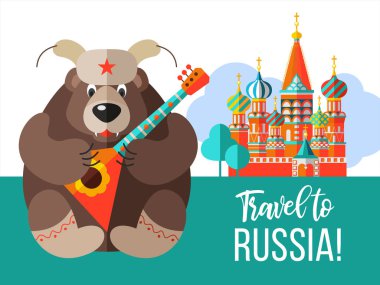 Rusya'ya seyahat. Rusya hoş geldiniz. Vektör çizim. Geleneksel Rus sembolleri. Vektör kartpostal, düz stil resimde. Balalayka üzerinde arka plan aziz Basils Katedrali, Rus Kremlin ile Rus ayısına.