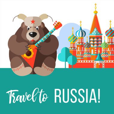 Rusya'ya seyahat. Rusya hoş geldiniz. Vektör çizim. Geleneksel Rus sembolleri. Vektör kartpostal, düz stil resimde. Balalayka üzerinde arka plan aziz Basils Katedrali, Rus Kremlin ile Rus ayısına.