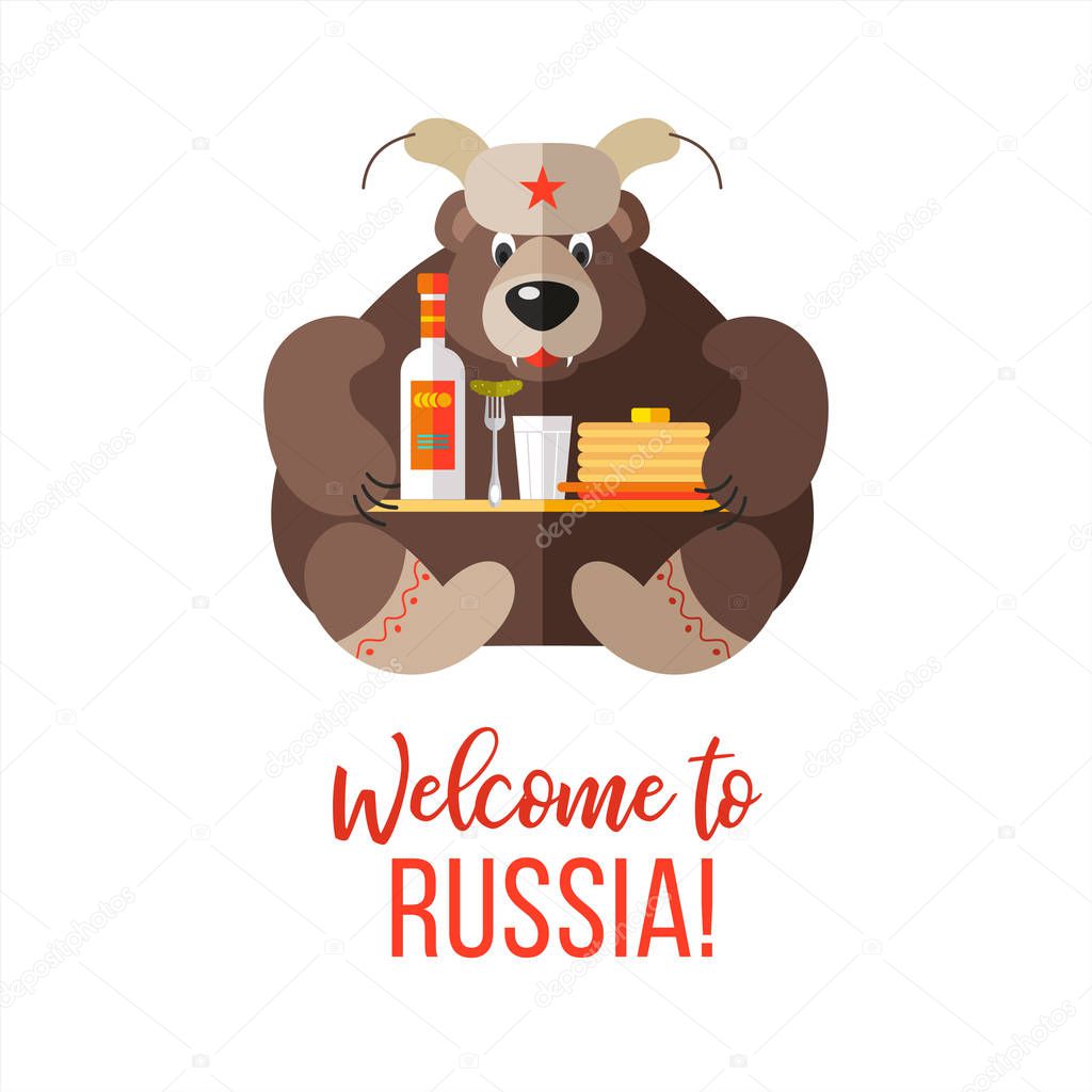 Travel to Russia. Welcome to Russia. Vector illustration. Traditional Russian symbols. Vector postcard, illustration in flat style. Russian bear holding a tray with traditional Russian treats. Pancakes and vodka.