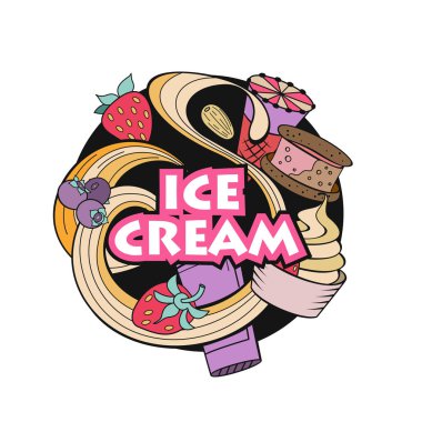 Elle çizilmiş dondurma. Çeşitli Ice cream, fındık, çilek, çikolata ve çerezleri tepesi ile. Doodle illüstrasyon vektör.