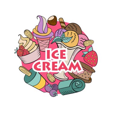 Elle çizilmiş dondurma. Çeşitli Ice cream, fındık, çilek, çikolata ve çerezleri tepesi ile. Doodle illüstrasyon vektör.