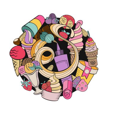 Elle çizilmiş dondurma. Çeşitli Ice cream, fındık, çilek, çikolata ve çerezleri tepesi ile. Doodle illüstrasyon vektör.