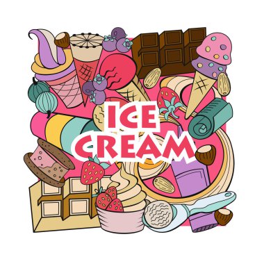 Elle çizilmiş dondurma. Çeşitli Ice cream, fındık, çilek, çikolata ve çerezleri tepesi ile. Doodle illüstrasyon vektör.