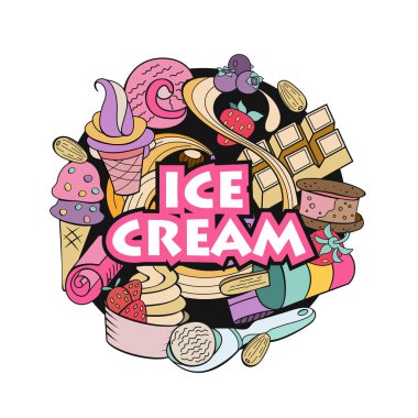 Elle çizilmiş dondurma. Çeşitli Ice cream, fındık, çilek, çikolata ve çerezleri tepesi ile. Doodle illüstrasyon vektör.