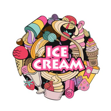 Elle çizilmiş dondurma. Çeşitli Ice cream, fındık, çilek, çikolata ve çerezleri tepesi ile. Doodle illüstrasyon vektör.