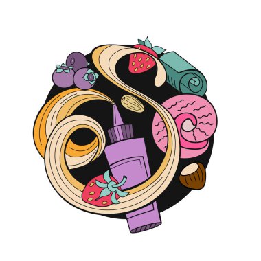 Elle çizilmiş dondurma. Çeşitli Ice cream, fındık, çilek, çikolata ve çerezleri tepesi ile. Doodle illüstrasyon vektör.