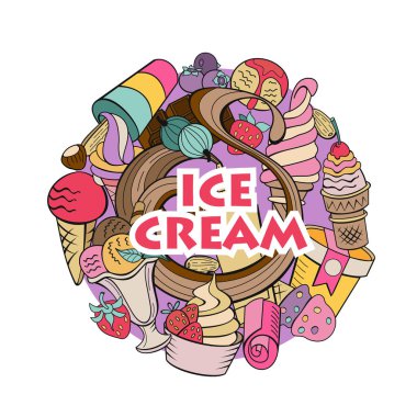 Elle çizilmiş dondurma. Çeşitli Ice cream, fındık, çilek, çikolata ve çerezleri tepesi ile. Doodle illüstrasyon vektör.