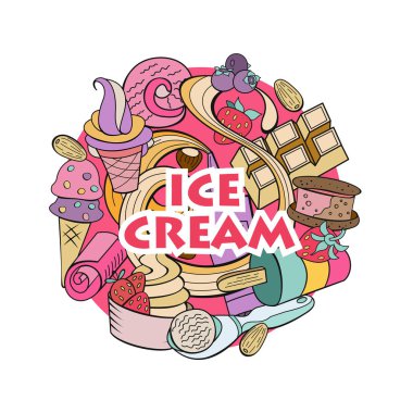 Elle çizilmiş dondurma. Çeşitli Ice cream, fındık, çilek, çikolata ve çerezleri tepesi ile. Doodle illüstrasyon vektör.