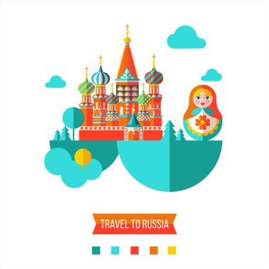 Rusya'ya seyahat. Vektör çizim. Rus ünlü St. Basils Katedrali ve Rusça matryoshka bebek.