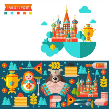 Rusya'ya seyahat. Düz vektör çizim. Küçük Rus konulu resimlerini kümesidir. Balalayka, matryoshka bez bebek, ayı kap, Kremlin, semaver, havyar, krep içinde votka ve valenki.