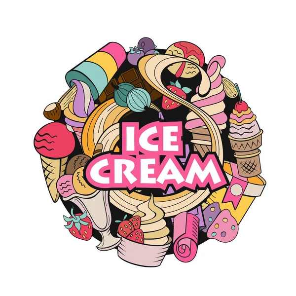 Elle çizilmiş dondurma. Çeşitli Ice cream, fındık, çilek, çikolata ve çerezleri tepesi ile. Doodle illüstrasyon vektör.