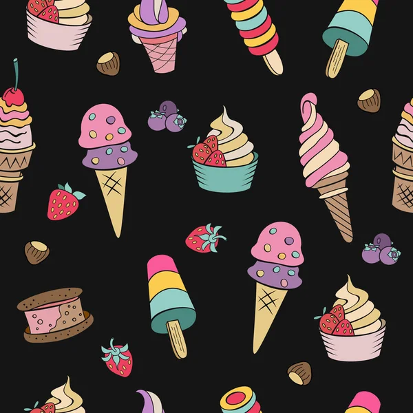Seamless Pattern Black Background Hand Drawn Ice Cream Miscellaneous Ice — Free Stock Photo