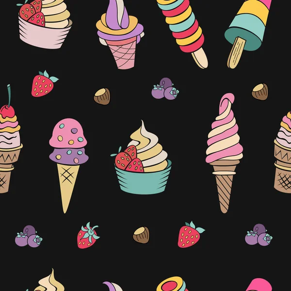 Seamless Pattern Black Background Hand Drawn Ice Cream Miscellaneous Ice — Stock Vector