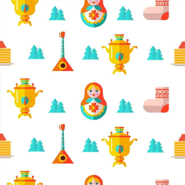 Seamless Pattern Russian Theme Russian Souvenir Samovar Balalaika Russian Doll — Stock Vector