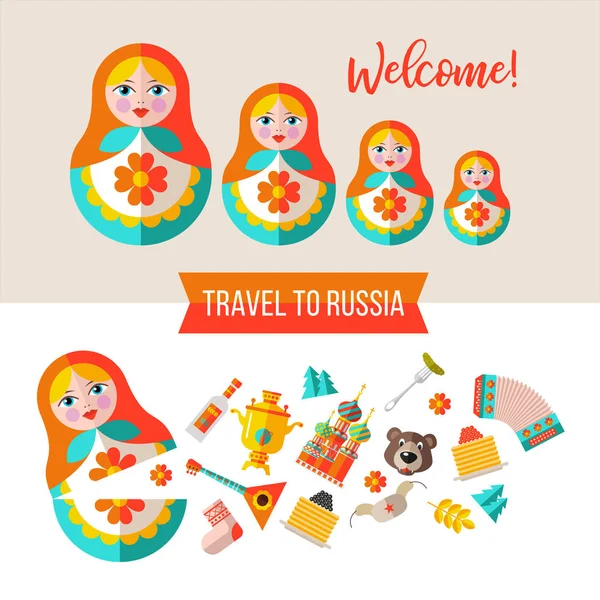 Utazás Oroszországba Lapos Vektoros Illusztráció Összessége Clipart Orosz Téma Orosz — Stock Vector