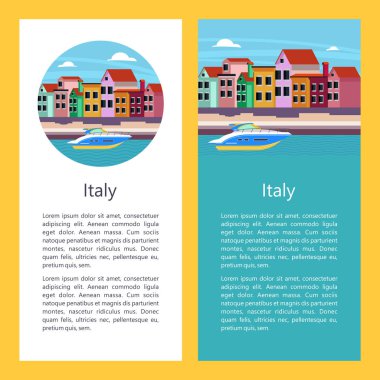 İtalya. Venedik. Kanalın yanındaki renkli evler. Vektör çizimi. Manzaralı kartpostal. Metne yer var..