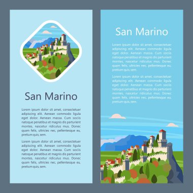 San Marino Cumhuriyeti. Şehir ve kale Dağı'nda. Vektör çizim. Kartpostal Yerler ile. Metin için yer.