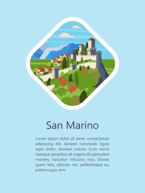 San Marino Cumhuriyeti. Şehir ve kale Dağı'nda. Vektör çizim. Kartpostal Yerler ile. Metin için yer.
