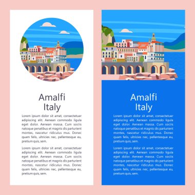 Amalfi Coast, İtalya. Sahil tatil beldesi. Vektör çizim. Kartpostal Yerler ile. Metin için yer.